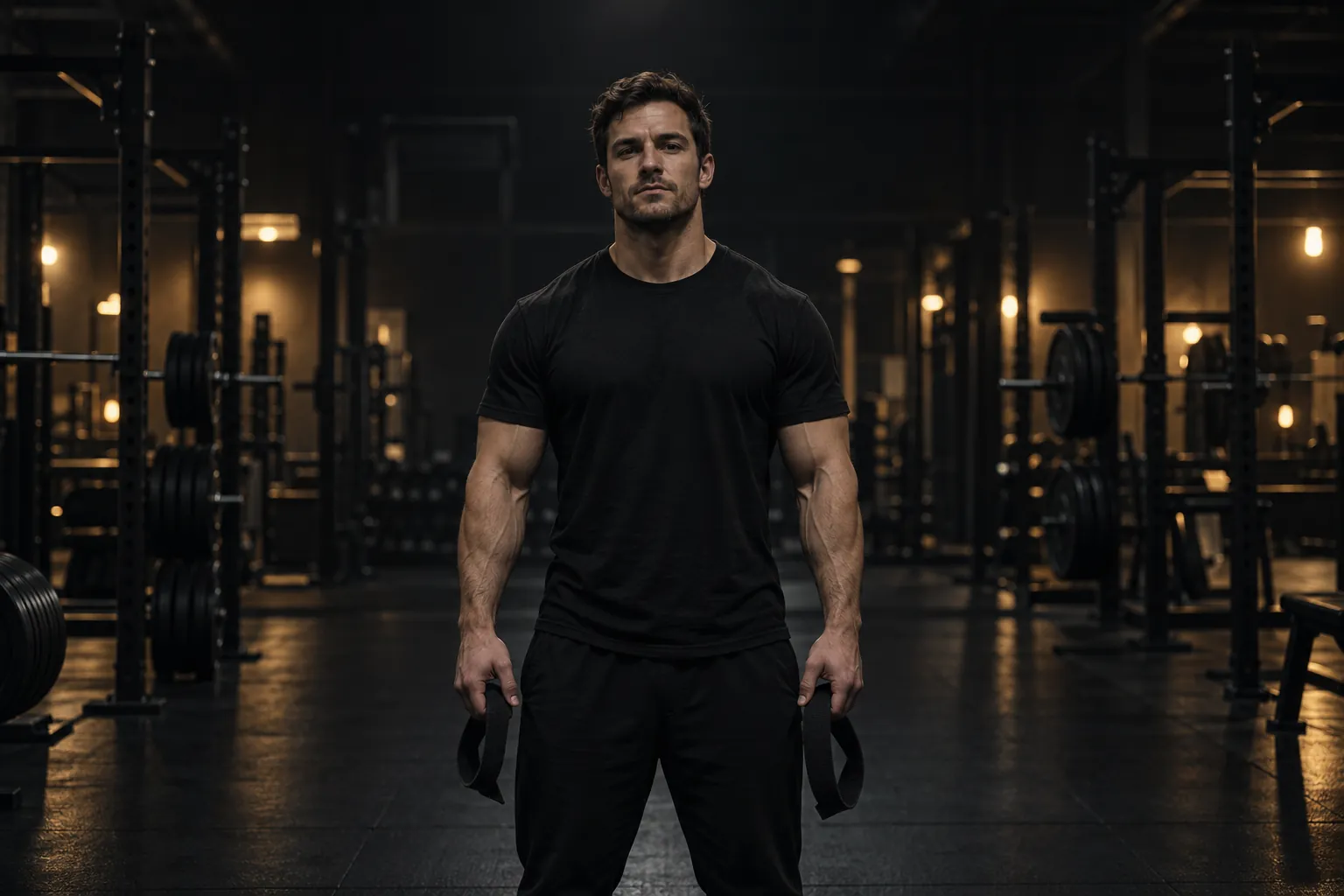 A lifter in a black t-shirt standing in a dark gym, facing the camera