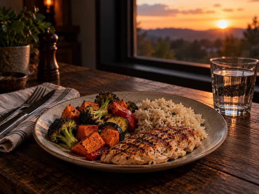 A home-cooked plate of chicken, rice and vegetables with a glass of water
