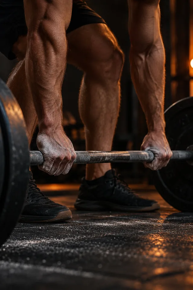 Chalked hands gripping a barbell before a lift